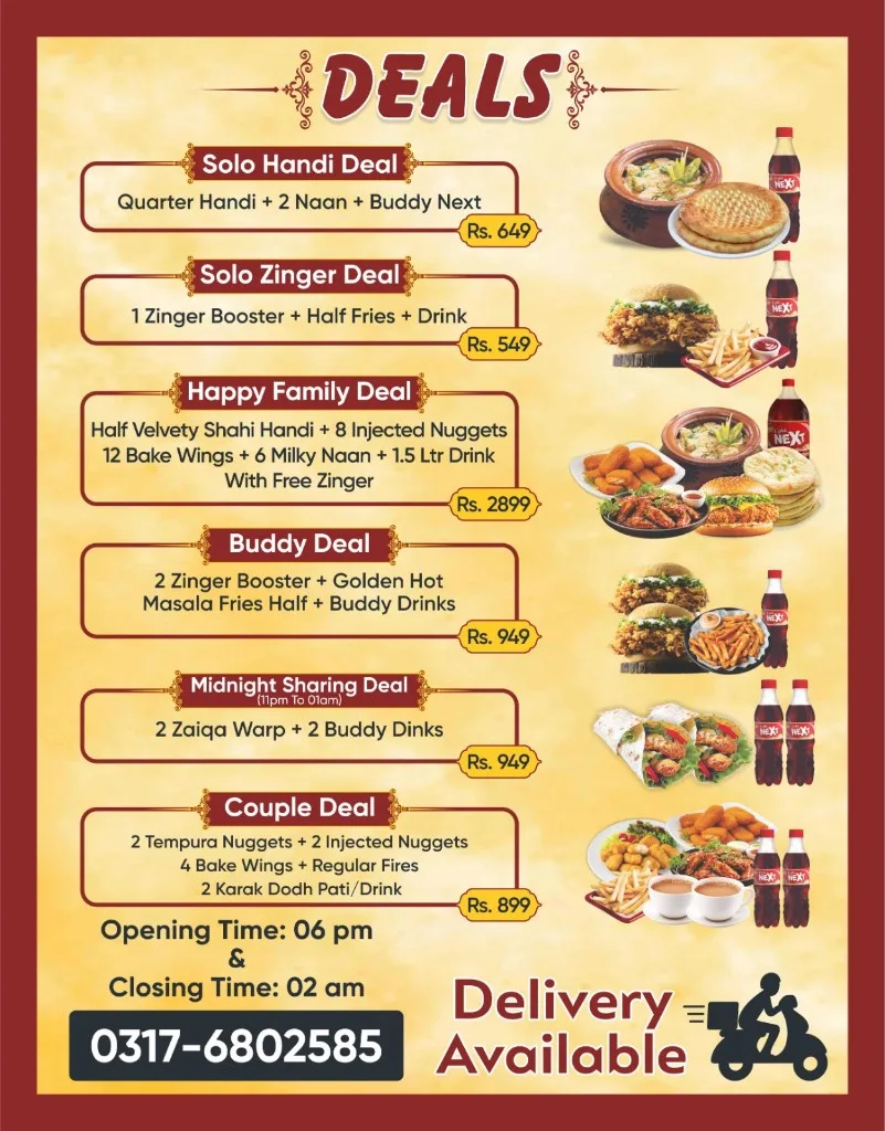 Zaiqa Junction deals menu — family bundles, solo deals, and delivery info