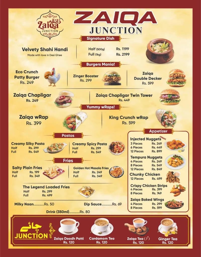 Zaiqa Junction full menu — handis, burgers, wraps, appetizers, and prices